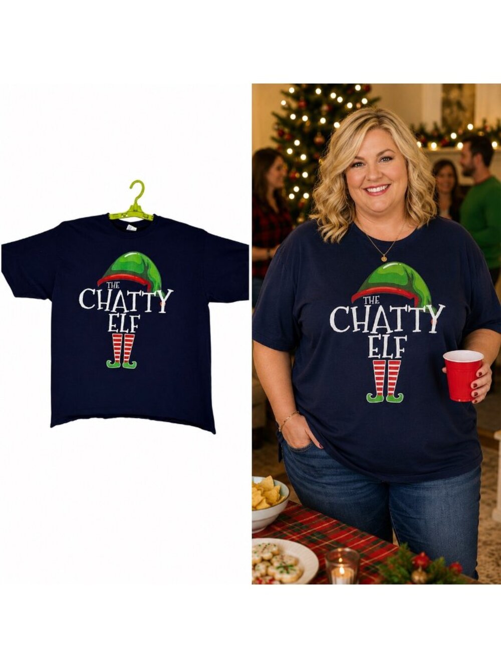 The Chatty Elf Christmas Cotton T-Shirt Navy Blue 2XL Port & Company Ring Spun